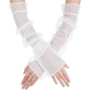 Women's White Long Tulle Mesh Sheer Long Sleeves Fingerless Gloves Party Prom